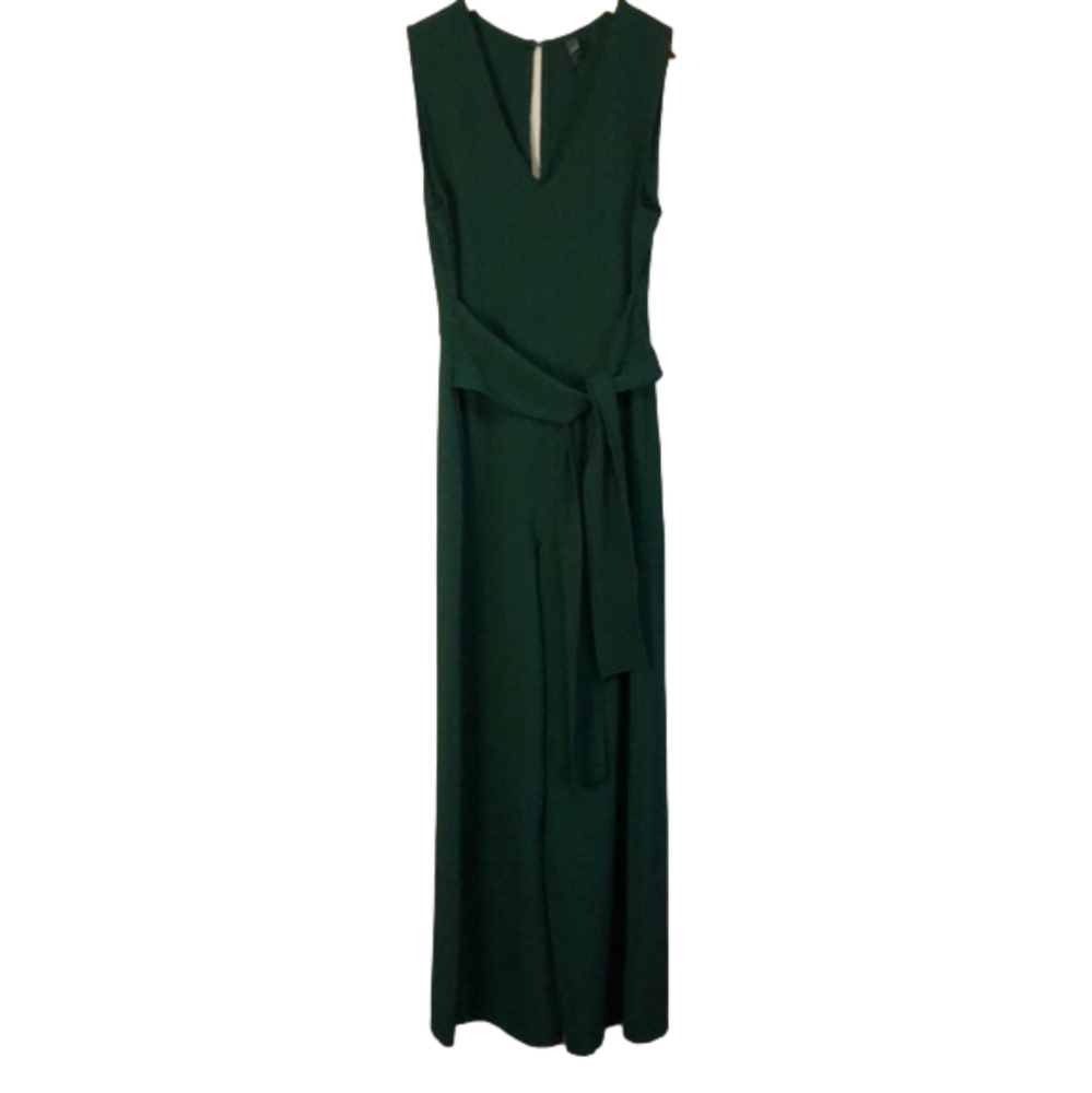 ALYA Francesca's Small Forest Green Jumpsuit Sleeveless V Neck‎ Sash Wide Leg